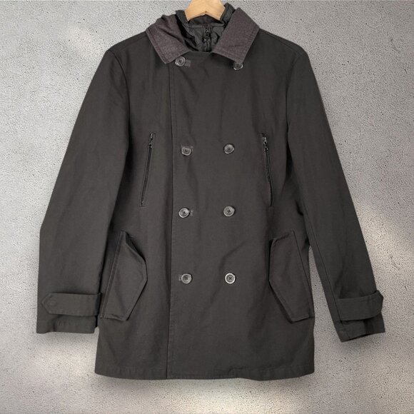 ALFANI Slim Fit Coat Men’s Small Black Double Breasted Peacoat Jacket Travel - Picture 1 of 6